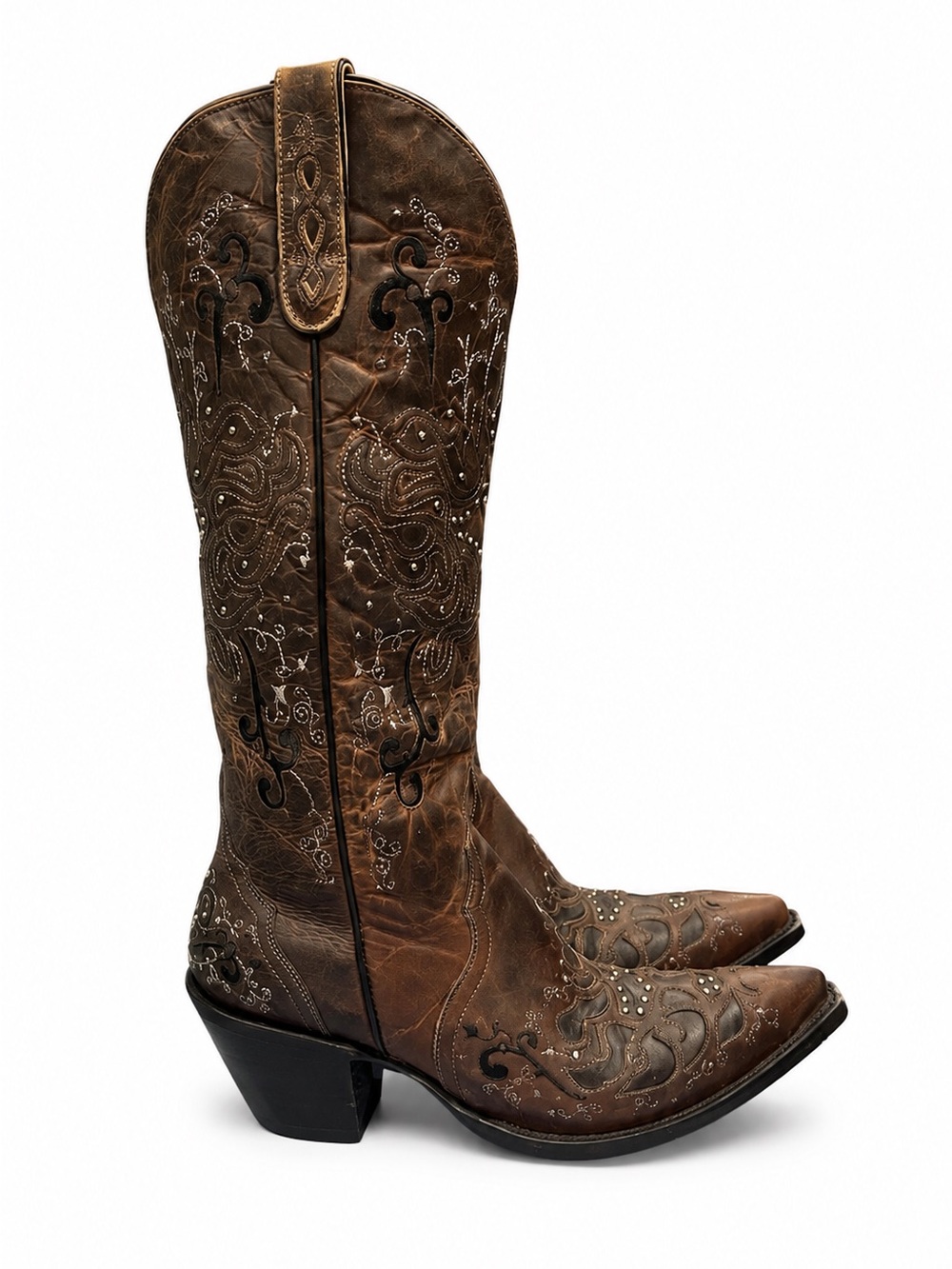NEW STERLING RIVER LEATHER WESTERN BOOTS EMBROIDERY, STUDS, INLAYS, SNIP TOE